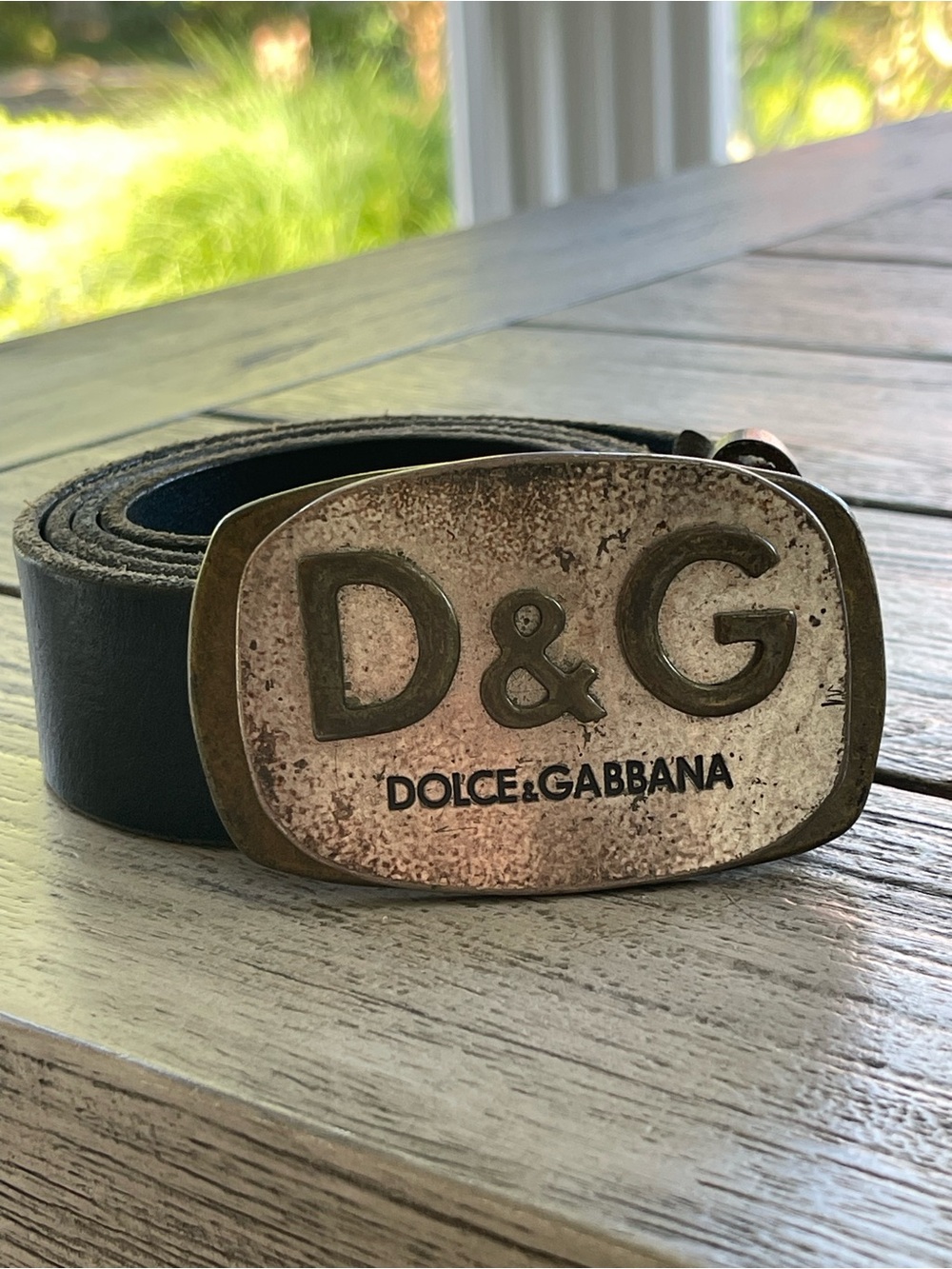 Dolce & Gabbana Antique Gold D&G Logo Buckle Black Leather Belt Size 40”  100 cm